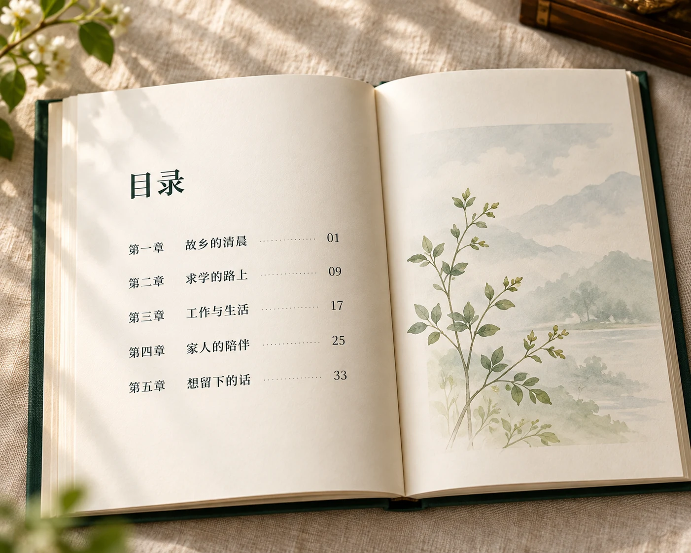 演示样书的目录与植物装饰内页