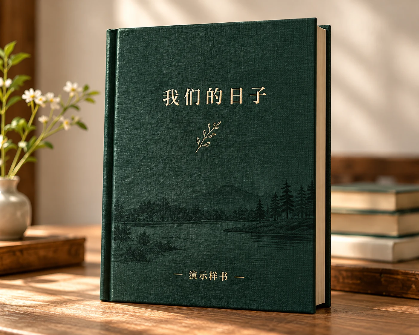 深绿布面回忆录封面，标题为我们的日子，演示样书