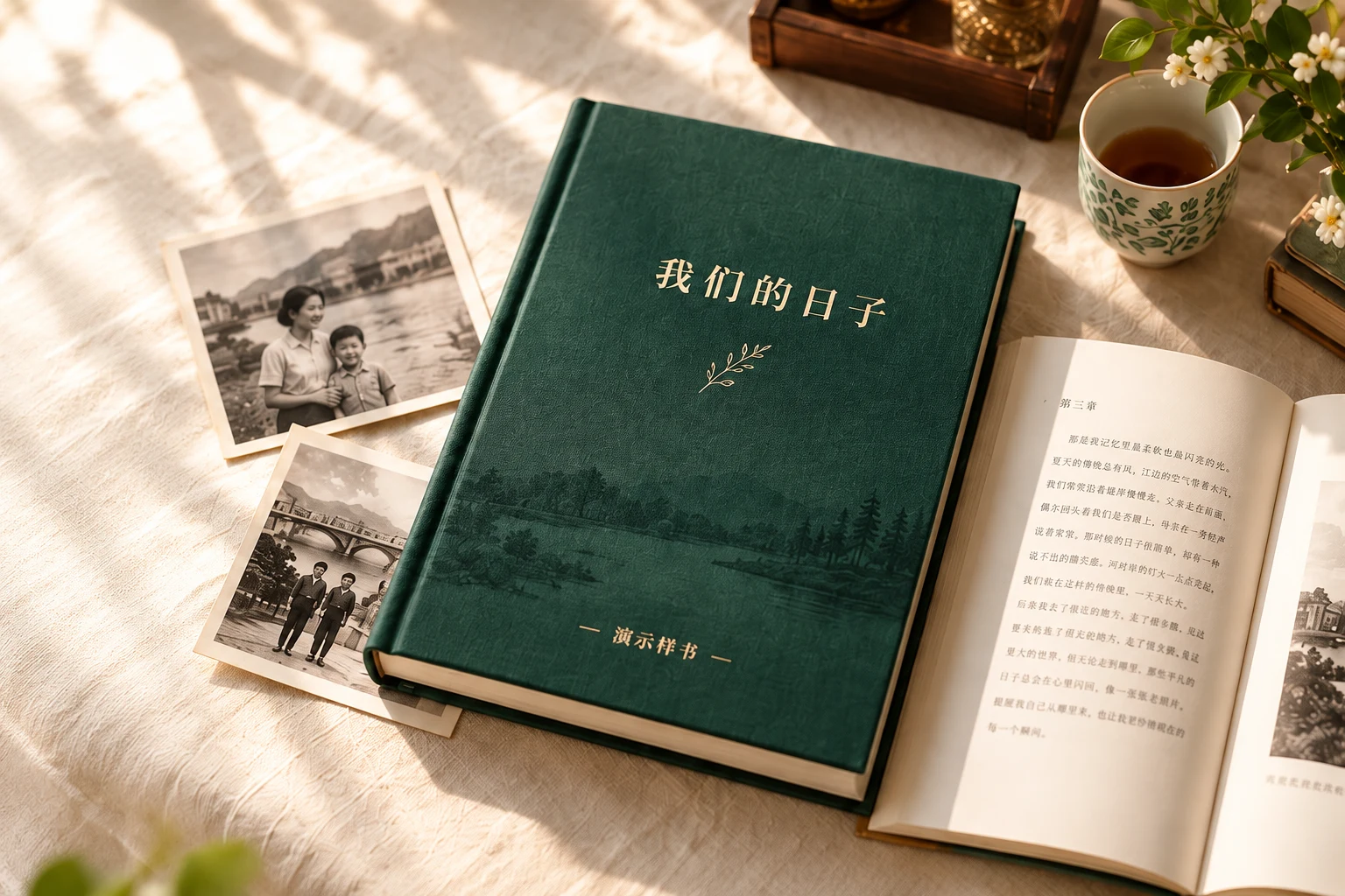 深绿布面演示回忆录、打开的书与老照片组成的场景，AI演示素材